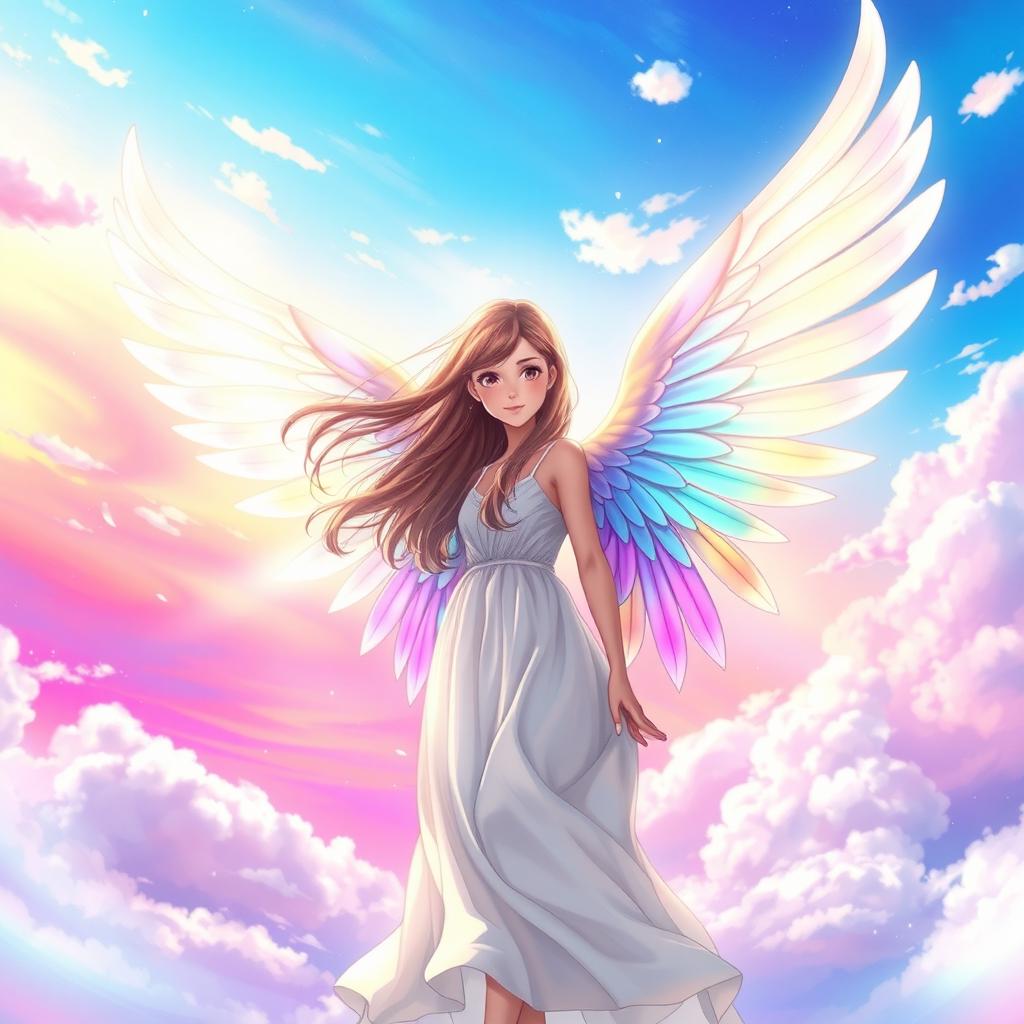 A beautiful girl with stunning, iridescent wings standing gracefully in front of a breathtaking sky filled with vibrant colors