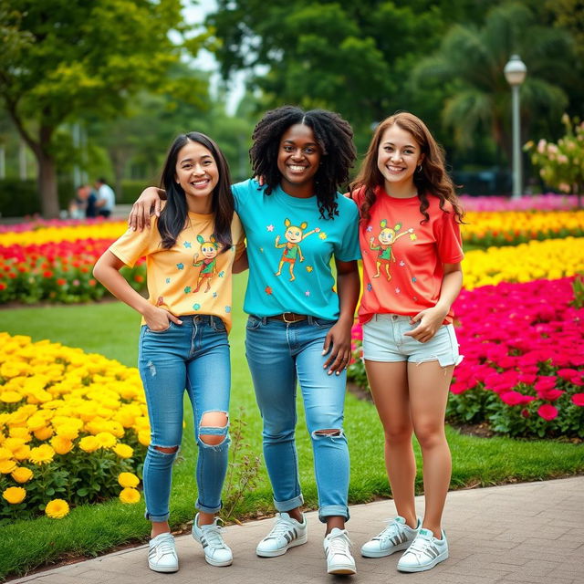 Three friends wearing matching outfits, standing together in a colorful park, smiling and having fun