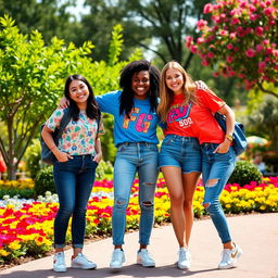 Three friends wearing matching outfits, standing together in a colorful park, smiling and having fun