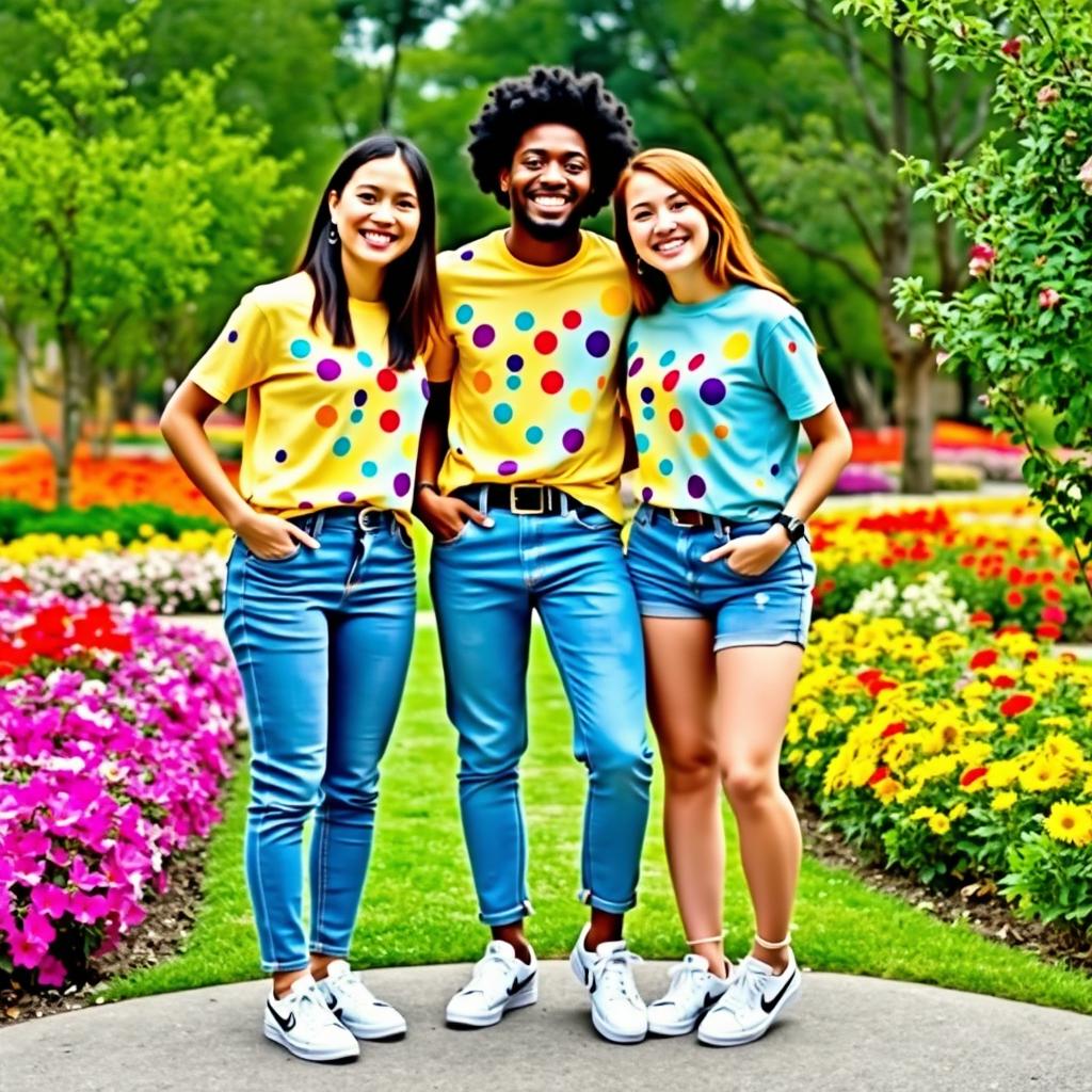 Three friends wearing matching outfits, standing together in a colorful park, smiling and having fun