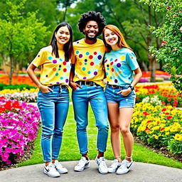 Three friends wearing matching outfits, standing together in a colorful park, smiling and having fun