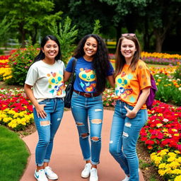 Three friends wearing matching outfits, standing together in a colorful park, smiling and having fun