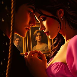 A luxurious and romantic poster featuring a strong contrast between dark shadows and golden and pink hues