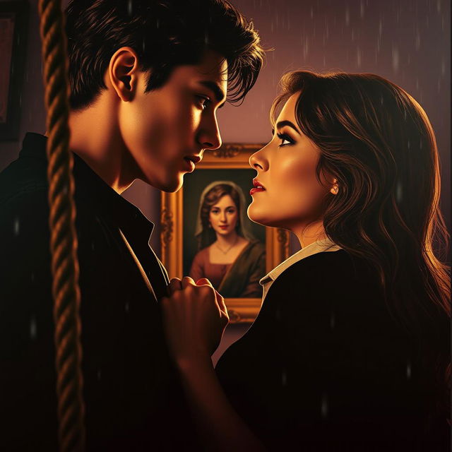A luxurious and romantic poster featuring a strong contrast between dark shadows and golden and pink hues