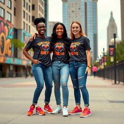Three best friends wearing identical matching outfits, posing together with big smiles in an urban setting