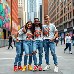 Three best friends wearing identical matching outfits, posing together with big smiles in an urban setting