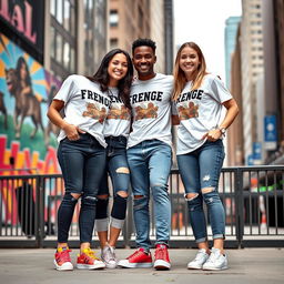 Three best friends wearing identical matching outfits, posing together with big smiles in an urban setting
