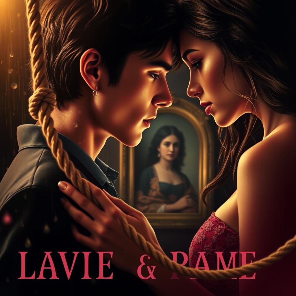 A luxurious and romantic poster with a strong contrast between dark shadows and golden and pink tones