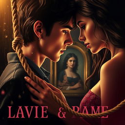 A luxurious and romantic poster with a strong contrast between dark shadows and golden and pink tones