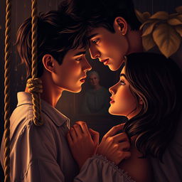 A luxurious and romantic poster with a strong contrast between dark shadows and golden and pink tones