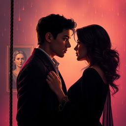 A luxurious and romantic poster with a strong contrast between dark shadows and golden and pink tones