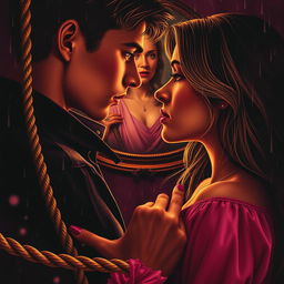 A luxurious and romantic poster with a strong contrast between dark shadows and golden and pink tones