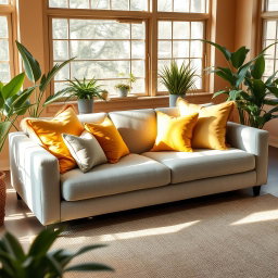 A stylish light grey sofa adorned with vibrant yellow pillows, creating a cheerful and modern living space