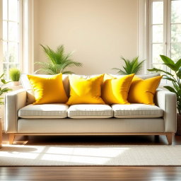 A stylish light grey sofa adorned with vibrant yellow pillows, creating a cheerful and modern living space