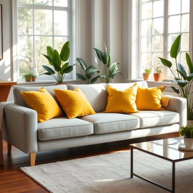 A stylish light grey sofa adorned with vibrant yellow pillows, creating a cheerful and modern living space