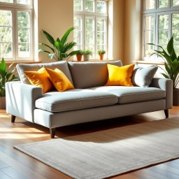A stylish light grey sofa adorned with vibrant yellow pillows, creating a cheerful and modern living space