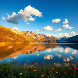 A beautiful and serene landscape featuring a calm lake nestled among towering mountains under a clear blue sky, with fluffy white clouds scattered above