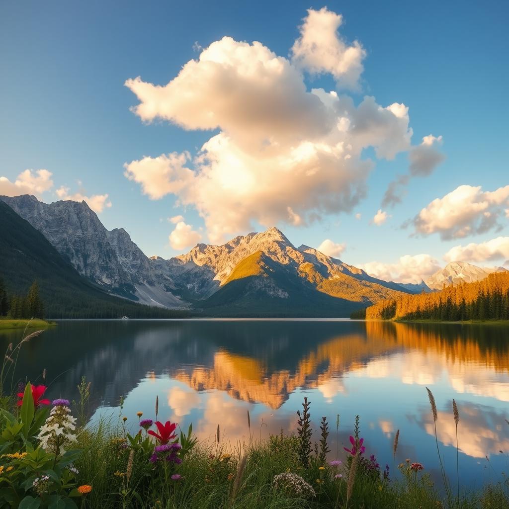A beautiful and serene landscape featuring a calm lake nestled among towering mountains under a clear blue sky, with fluffy white clouds scattered above