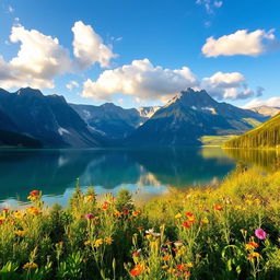 A beautiful and serene landscape featuring a calm lake nestled among towering mountains under a clear blue sky, with fluffy white clouds scattered above