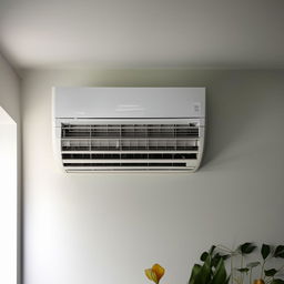 A modern, efficient air conditioner unit situated in a bright, clean room, quietly circulating cool air.