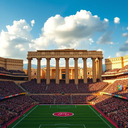 A stunning football stadium designed with a Persepolis theme, showcasing grand columns and intricate ancient Persian architectural details