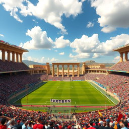 A stunning football stadium designed with a Persepolis theme, showcasing grand columns and intricate ancient Persian architectural details