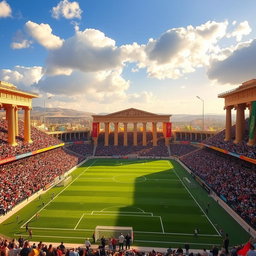 A stunning football stadium designed with a Persepolis theme, showcasing grand columns and intricate ancient Persian architectural details