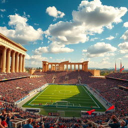 A stunning football stadium designed with a Persepolis theme, showcasing grand columns and intricate ancient Persian architectural details