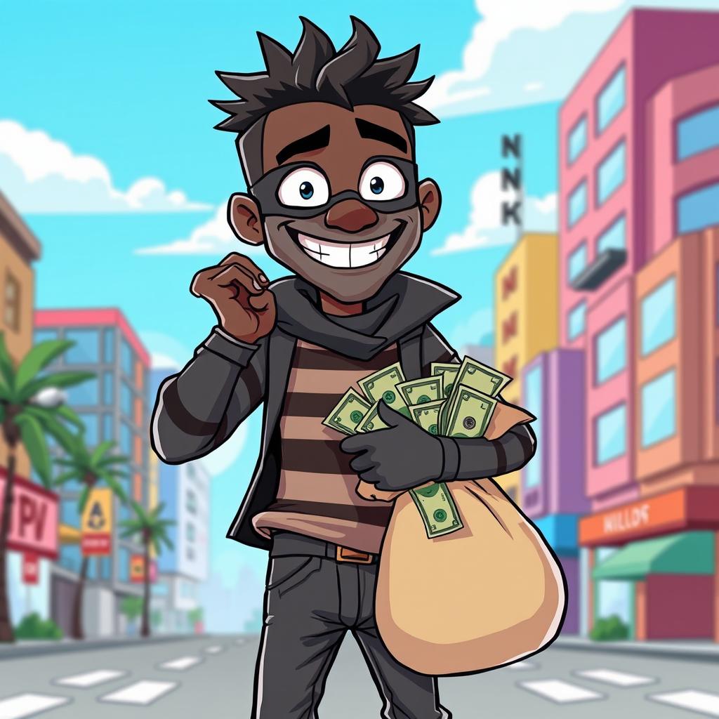 A cartoon-style two-dimensional drawing of an attractive and funny black thief character