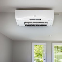 A modern, efficient air conditioner unit situated in a bright, clean room, quietly circulating cool air.