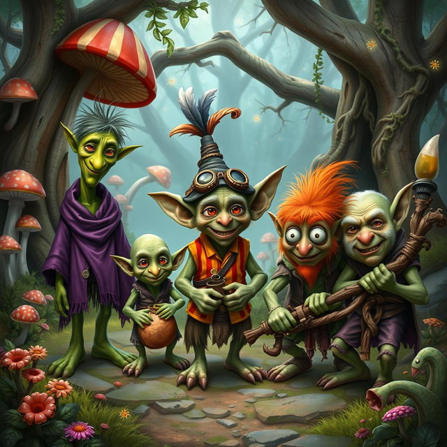 A whimsical scene depicting five quirky goblins in a lush, enchanted forest