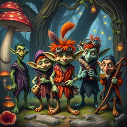 A whimsical scene depicting five quirky goblins in a lush, enchanted forest