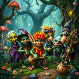 A whimsical scene depicting five quirky goblins in a lush, enchanted forest