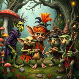 A whimsical scene depicting five quirky goblins in a lush, enchanted forest