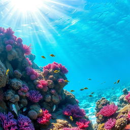 A stunning underwater coral reef scene ideal for an aquarium poster, featuring a vibrant, colorful coral landscape filled with various coral species in hues of pink, purple, and blue
