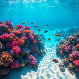 A stunning underwater coral reef scene ideal for an aquarium poster, featuring a vibrant, colorful coral landscape filled with various coral species in hues of pink, purple, and blue