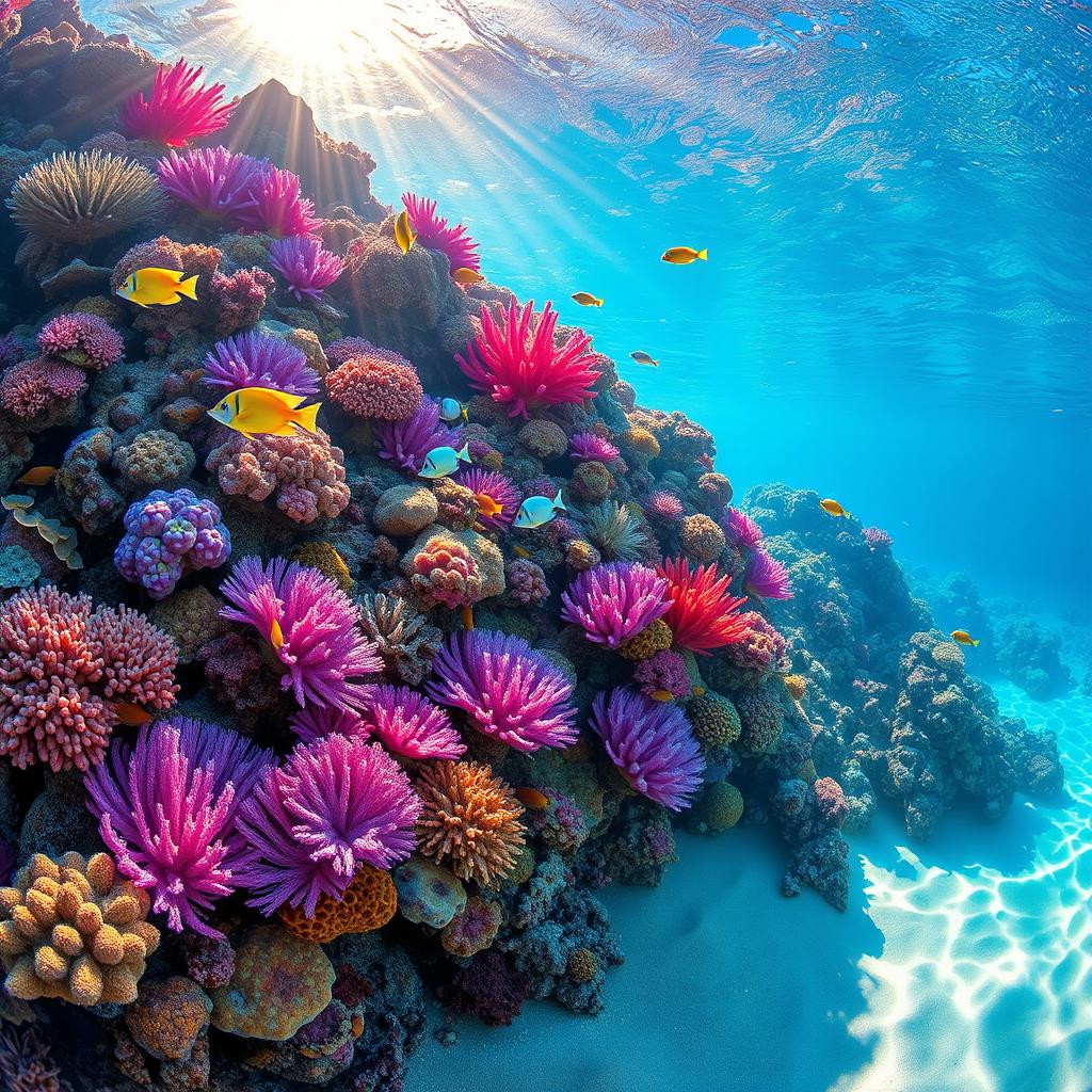 A stunning underwater coral reef scene ideal for an aquarium poster, featuring a vibrant, colorful coral landscape filled with various coral species in hues of pink, purple, and blue