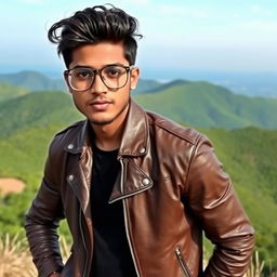 A stylish 23-year-old Bangladeshi male model, exuding a cool vibe while wearing trendy glasses and a sleek leather jacket, confidently posing on a scenic hilltop