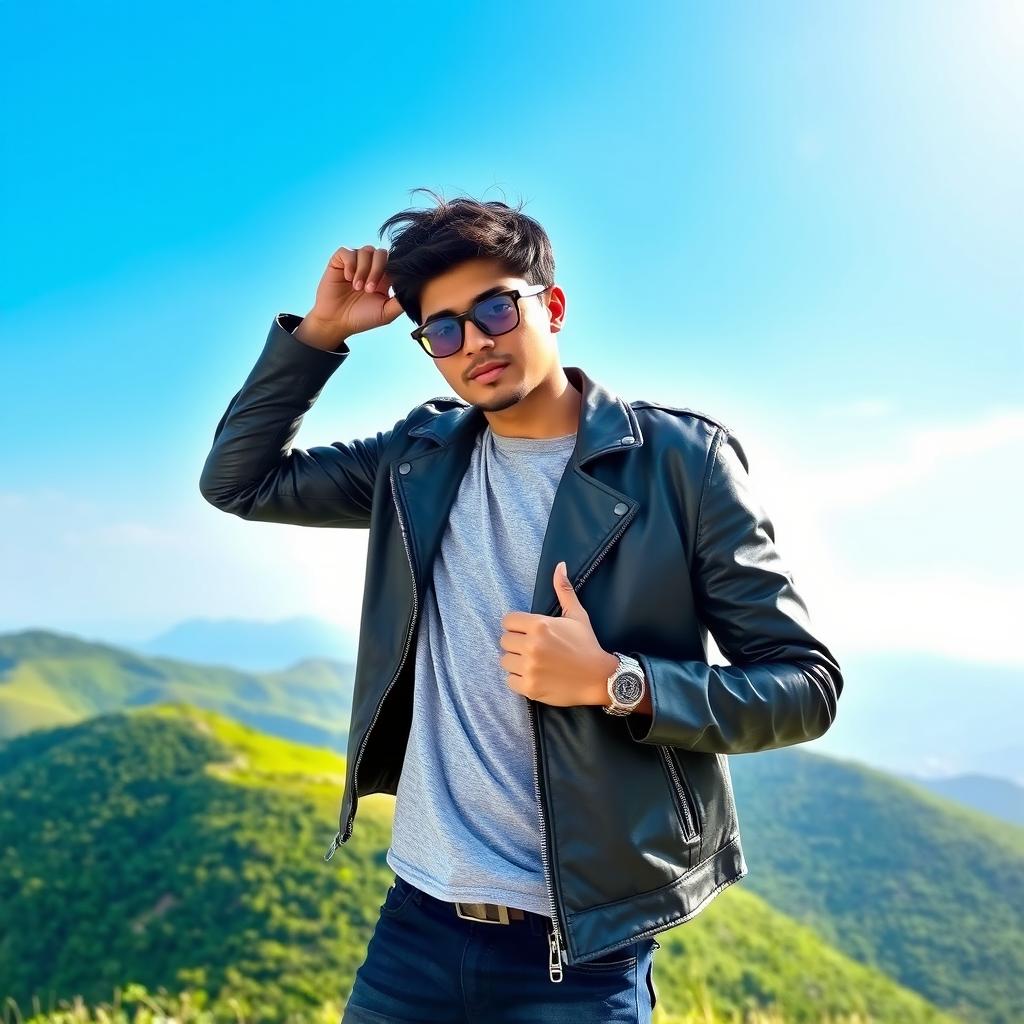 A stylish 23-year-old Bangladeshi male model, exuding a cool vibe while wearing trendy glasses and a sleek leather jacket, confidently posing on a scenic hilltop