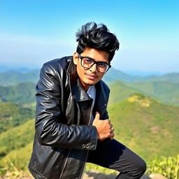 A stylish 23-year-old Bangladeshi male model, exuding a cool vibe while wearing trendy glasses and a sleek leather jacket, confidently posing on a scenic hilltop