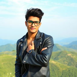 A stylish 23-year-old Bangladeshi male model, exuding a cool vibe while wearing trendy glasses and a sleek leather jacket, confidently posing on a scenic hilltop
