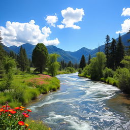 A picturesque nature scene featuring a beautifully flowing river