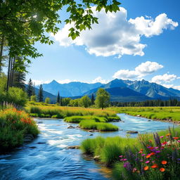 A picturesque nature scene featuring a beautifully flowing river