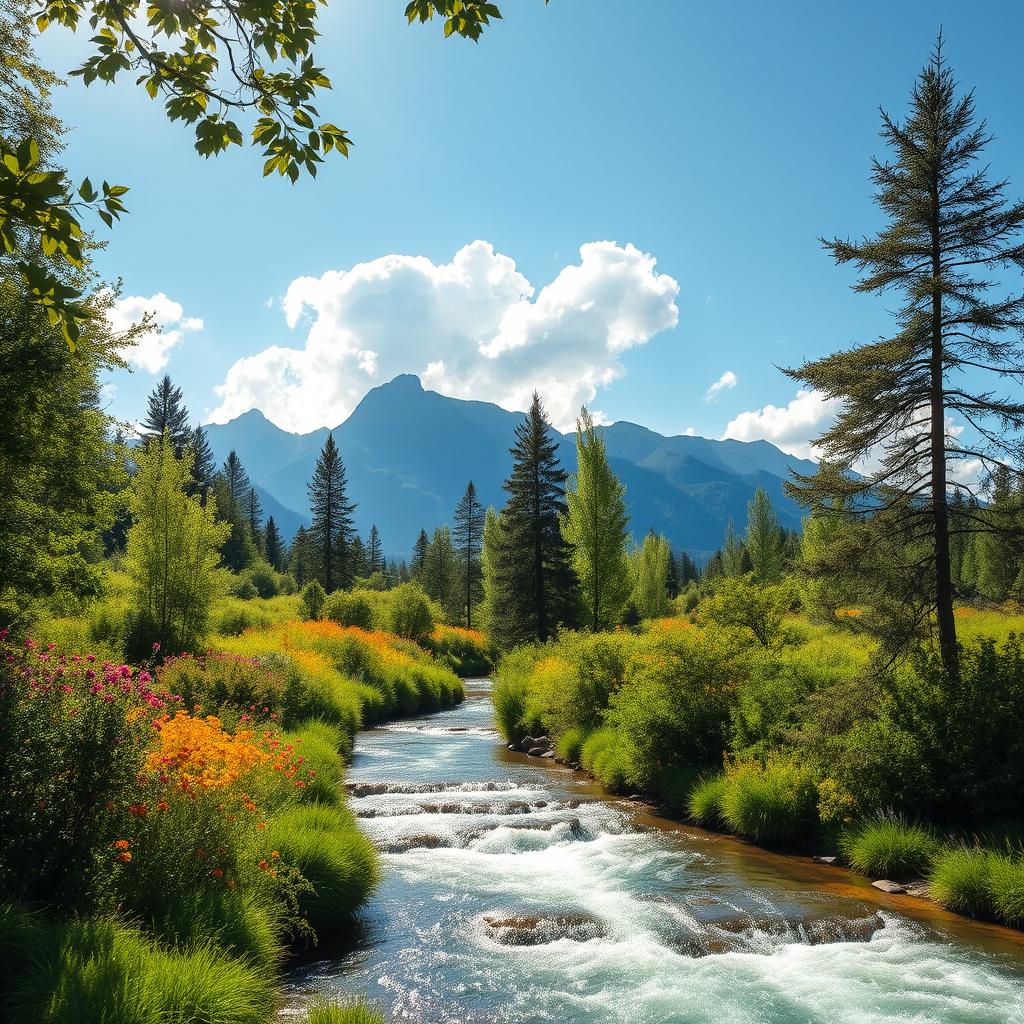 A picturesque nature scene featuring a beautifully flowing river