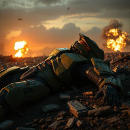 A fallen Master Chief lying on a battlefield, surrounded by futuristic debris and remnants of a fierce battle
