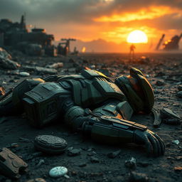 A fallen Master Chief lying on a battlefield, surrounded by futuristic debris and remnants of a fierce battle