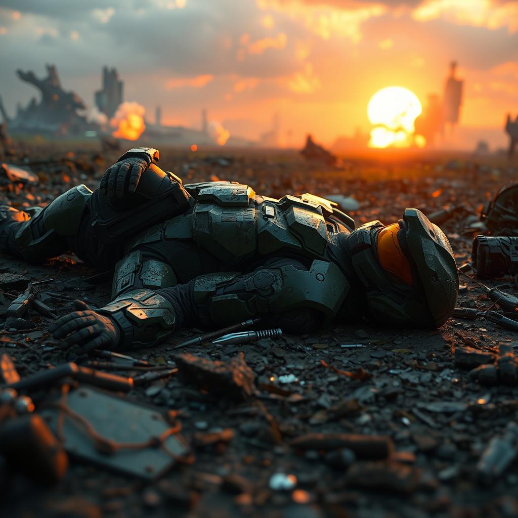 A fallen Master Chief lying on a battlefield, surrounded by futuristic debris and remnants of a fierce battle