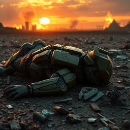A fallen Master Chief lying on a battlefield, surrounded by futuristic debris and remnants of a fierce battle