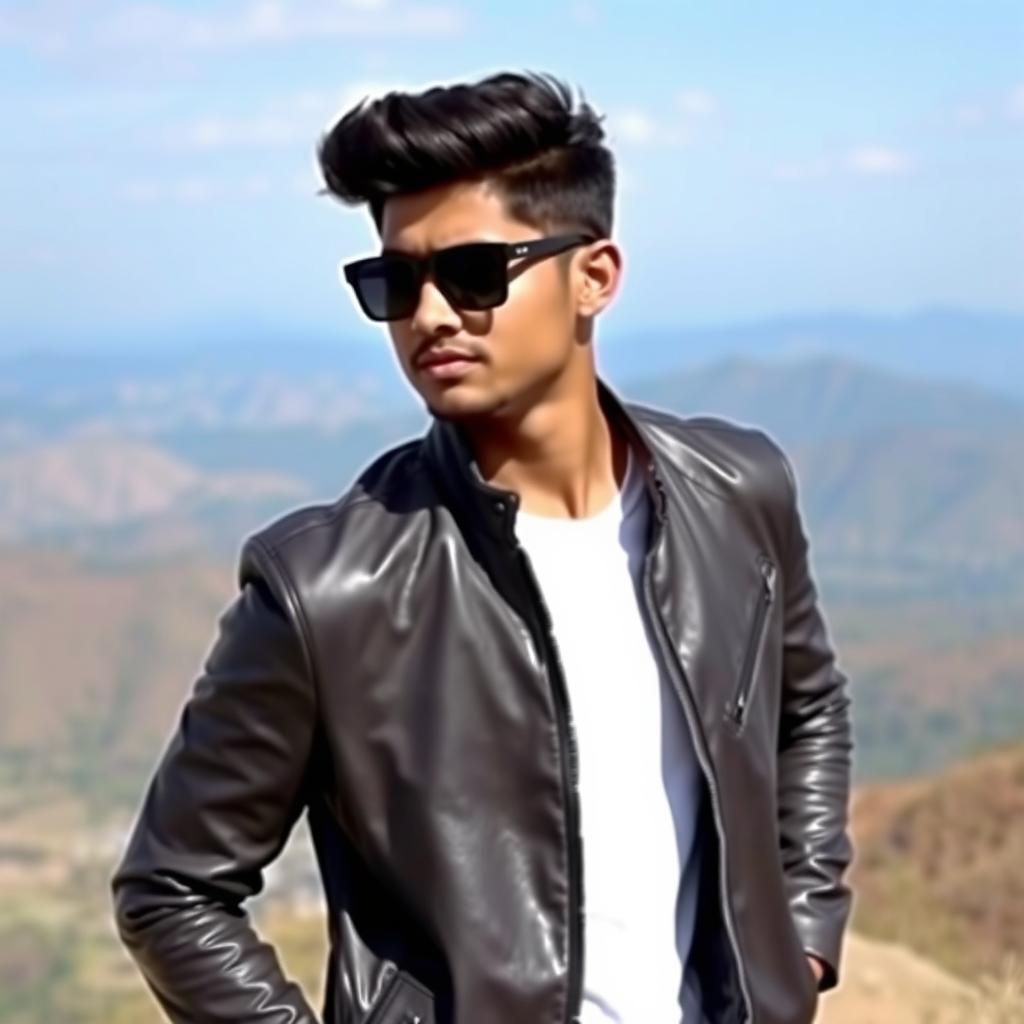 A 23-year-old Bangladeshi male model standing confidently on a hilltop, wearing stylish sunglasses and a sleek leather jacket