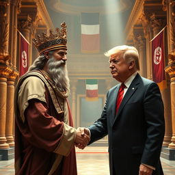 A fantastical scene depicting the historic figure Cyrus the Great shaking hands with Donald Trump, the former President of the United States